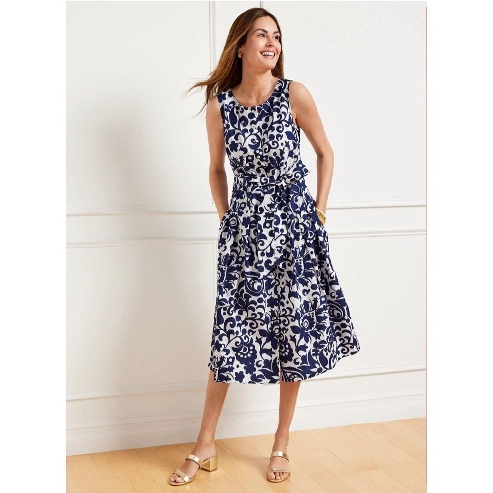 Talbots Plus Dress 24W Navy White Jacobean Floral Cotton Button Front Midi Belt